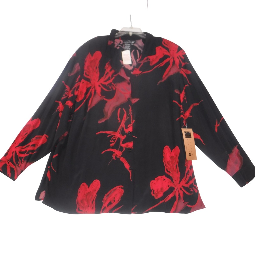 Carole Little II Womens 24W Blouse Black Red Floral Rayon Button‎ Up Long Sleeve